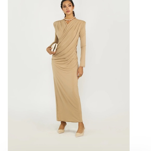 Elegant Tan Draped Maxi Dress - Picture 1 of 4